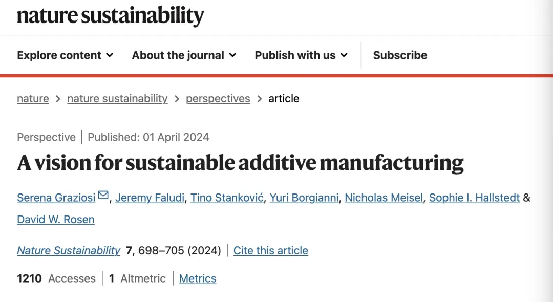 行业新知 | 《Nature Sustainability》3D打印的可持续性分析