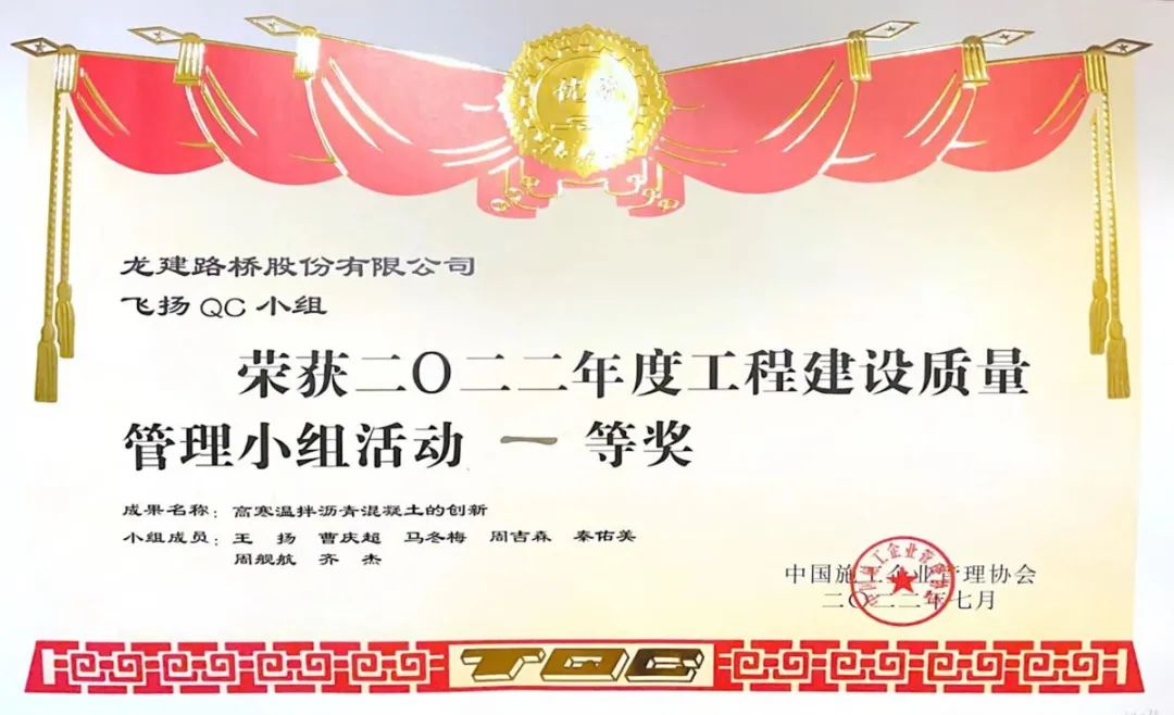 公司荣获“二〇二二年度工程建设质量管理小组活动”一等奖