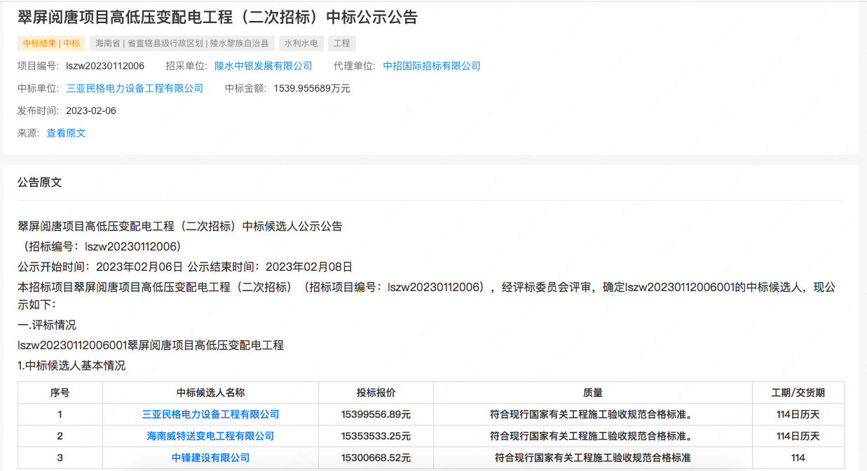中標(biāo)項(xiàng)目：翠屏閱唐項(xiàng)目高低壓變配電工程