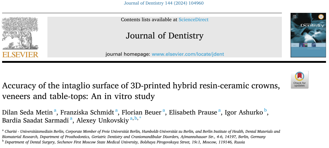 行业新知 | 《Journal of Dentistry》一项关于3D打印混合树脂-陶瓷牙冠、贴面和高嵌体凹面准确度的体外研究
