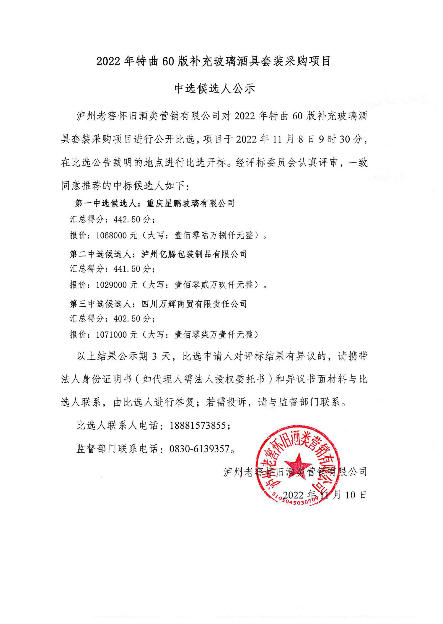2022年特曲60版補(bǔ)充玻璃酒具套裝采購項(xiàng)目中選候選人公示