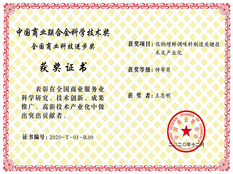 中國商業聯合會科學技術獎特等獎