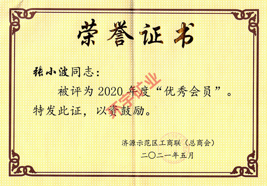 2020年度榮譽證書