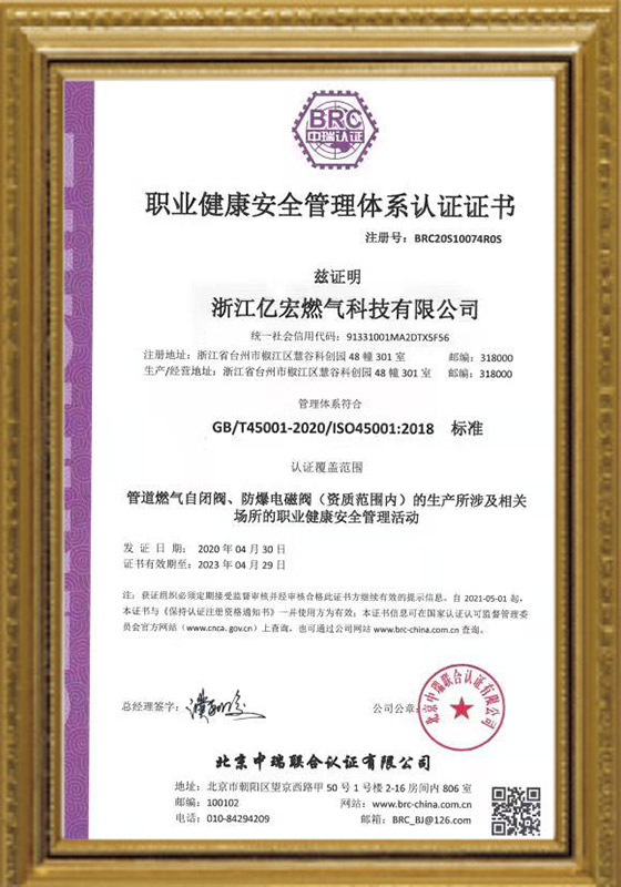 職業健康安全管理體系認證證書