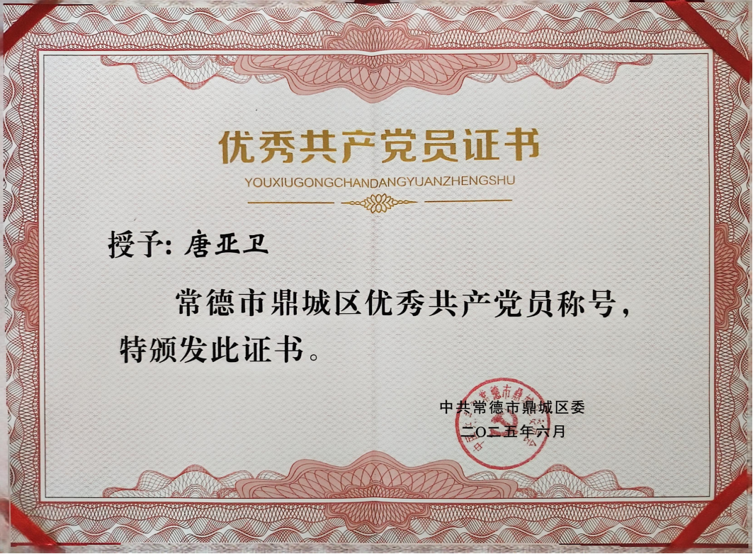 武陵机械唐亚卫荣获常德市鼎城区“优秀共产党员”称号！