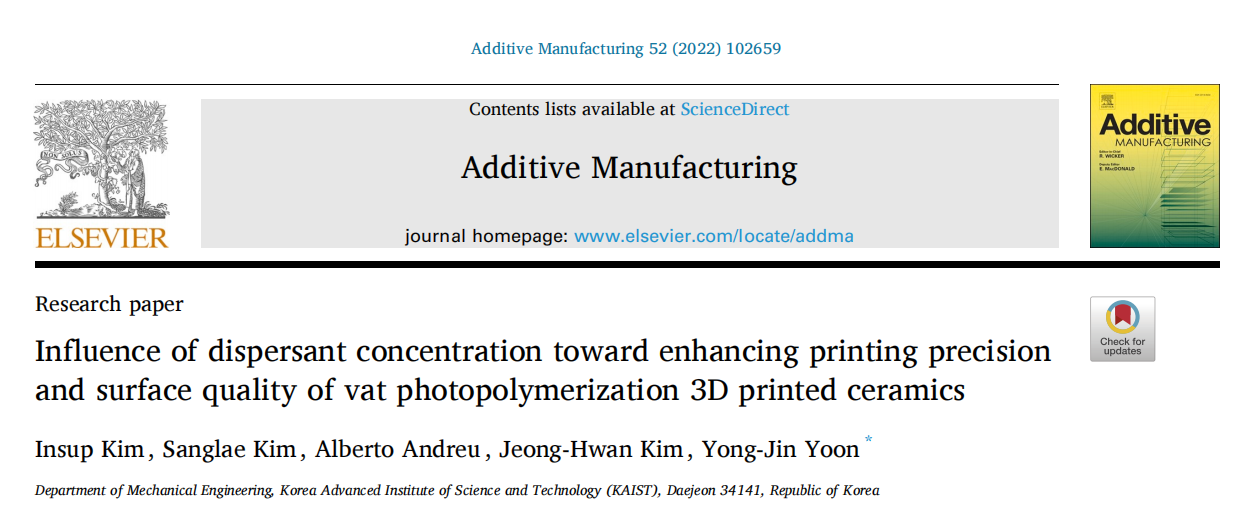 《Additive Manufacturing》：分散剂浓度对提高还原光聚合3D打印陶瓷打印精度和表面质量的影响